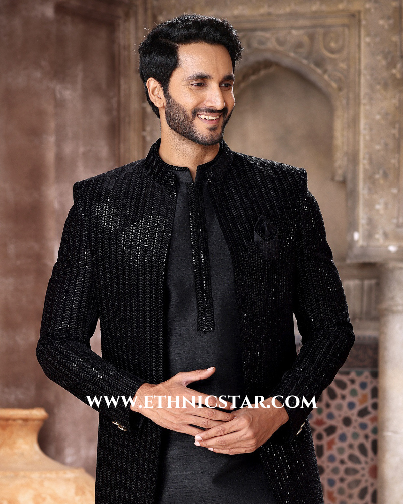 Black Jacket Style Indowestern In Velvet