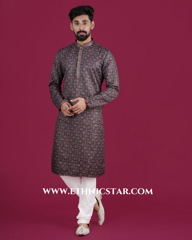 Cotton Silk Blue Printed Kurta Pajama