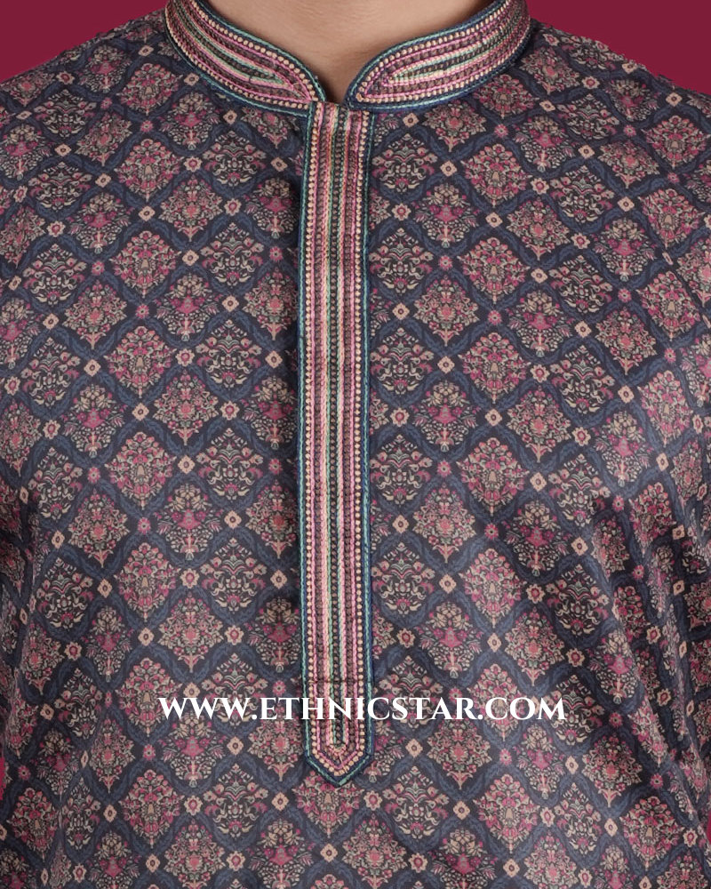 Cotton Silk Blue Printed Kurta Pajama