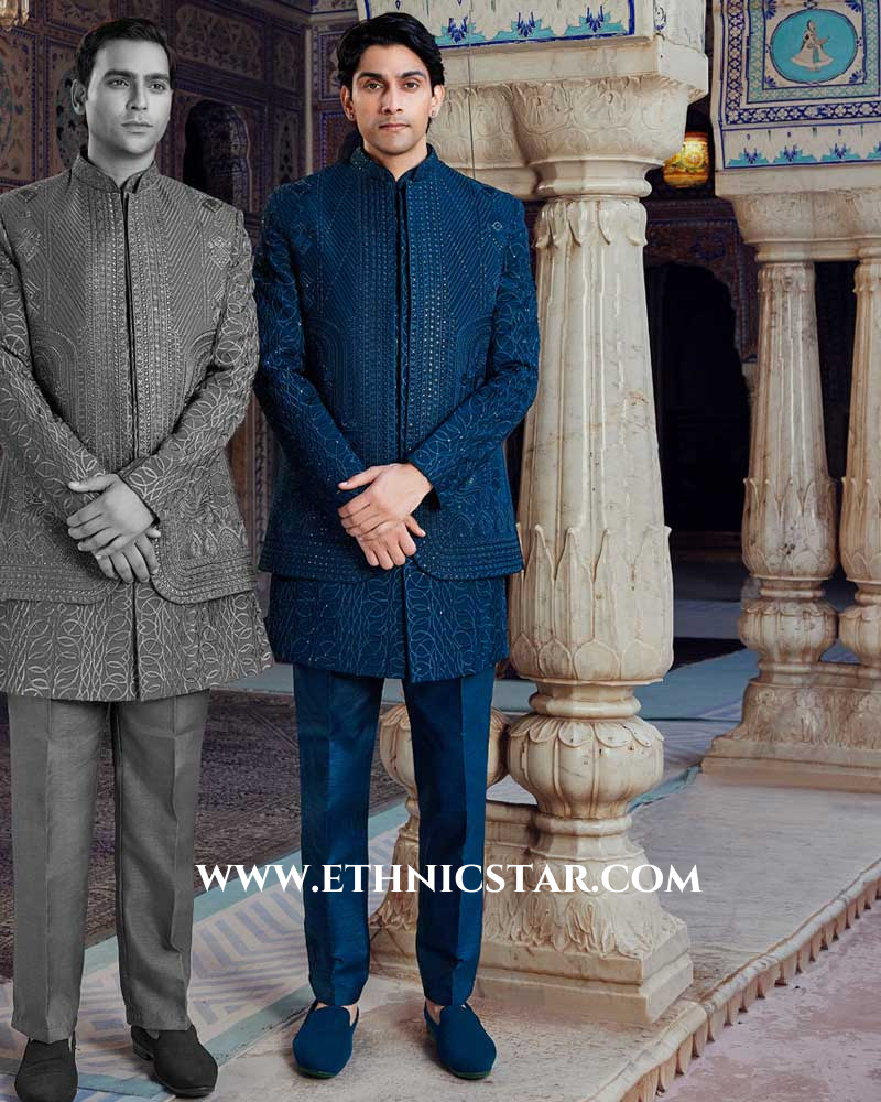 Teal Blue Silk Indowestern Fusion Jacket Set
