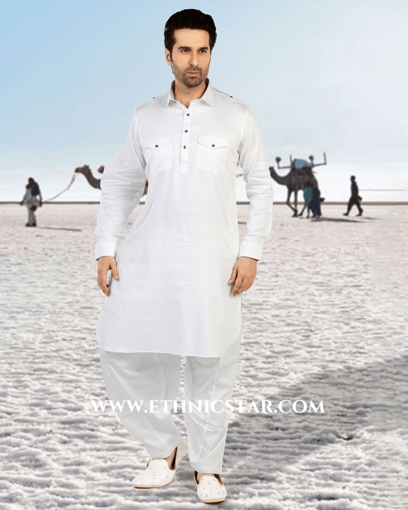 White Pathani Kurta Set In Slub Cotton