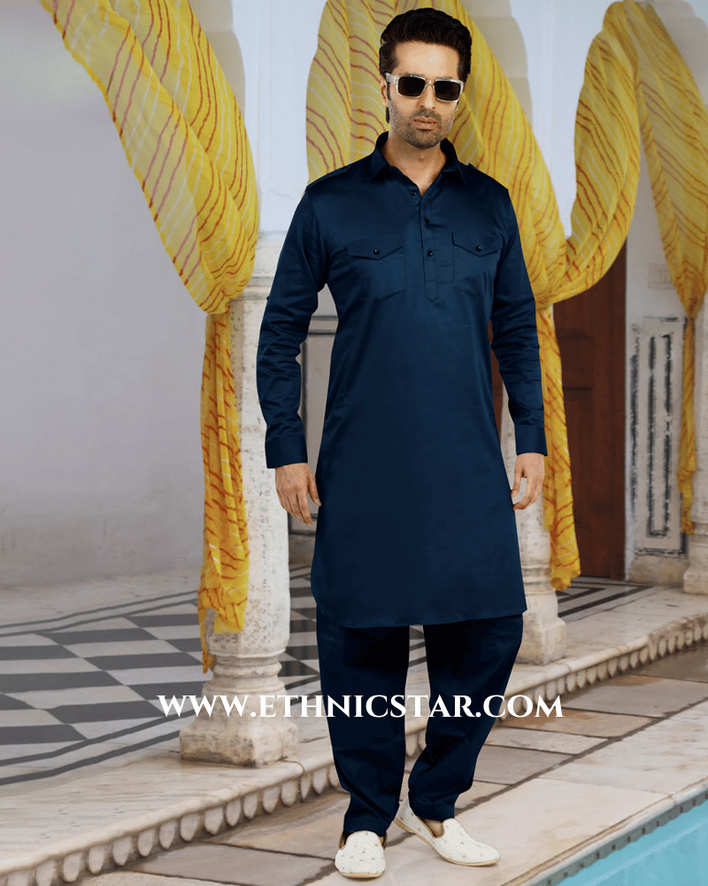 Navy Blue Slub Cotton Pathani Kurta Set