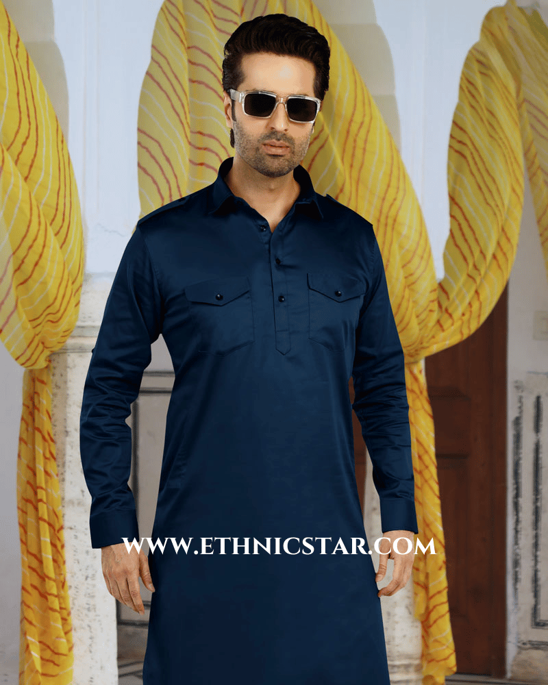 Navy Blue Slub Cotton Pathani Kurta Set