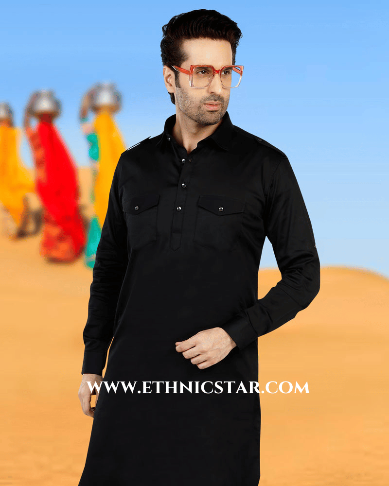 Black Pathani Kurta Set In Slub Cotton