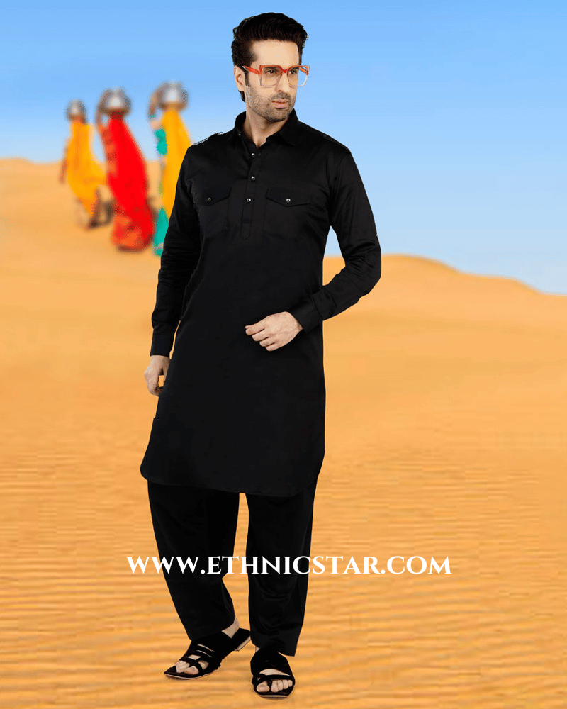 Black Pathani Kurta Set In Slub Cotton