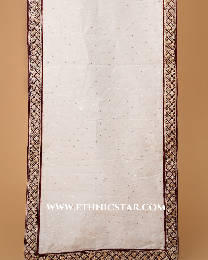 White Chanderi Fabric Dupatta With Thread Embroidered