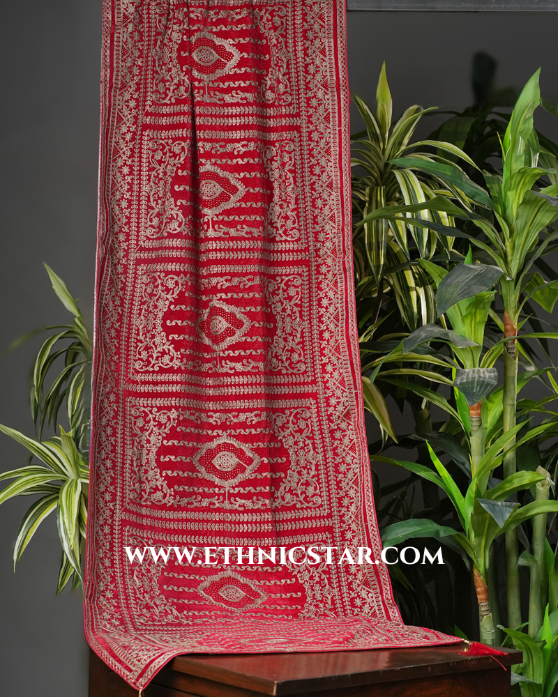 Red Thread Embroidered Dupatta In Velvet Fabric