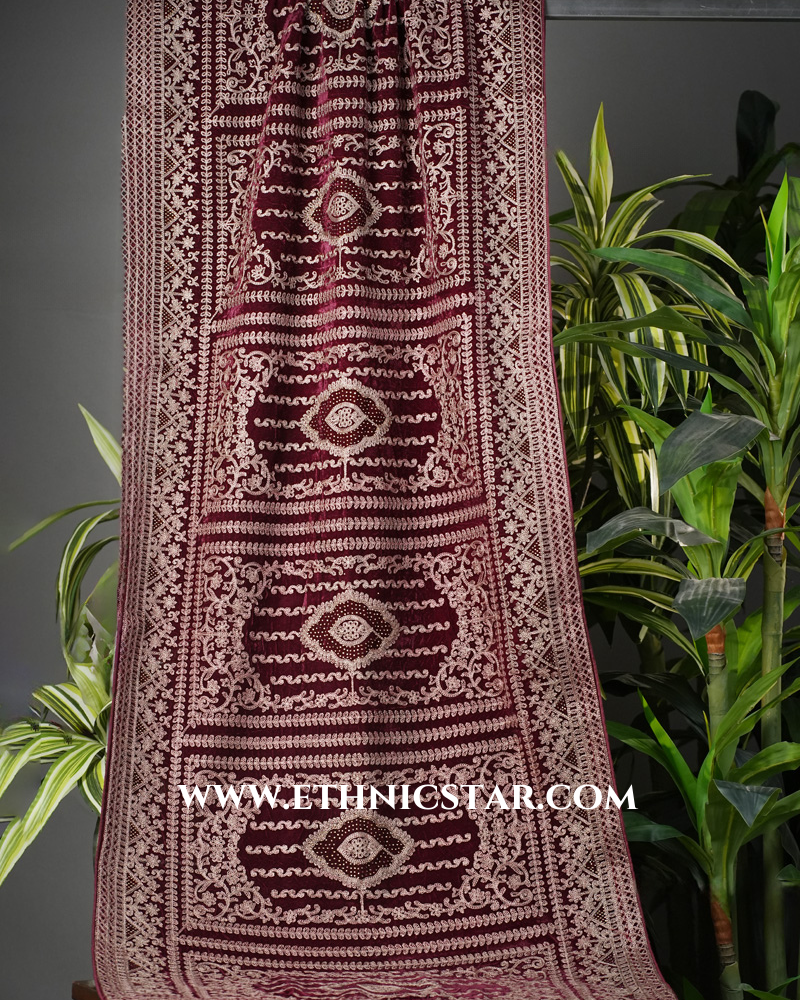 Men's Wedding Dark Maroon Velvet Dupatta