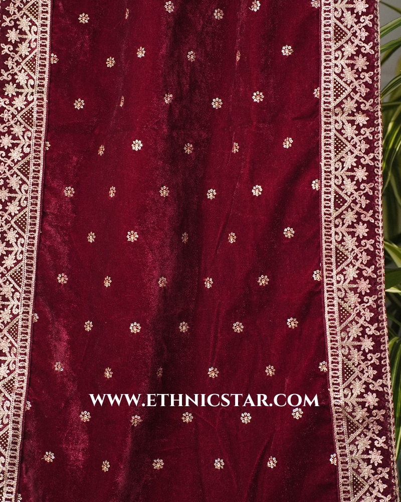 Dark Maroon Velvet Embroidered Border Dupatta