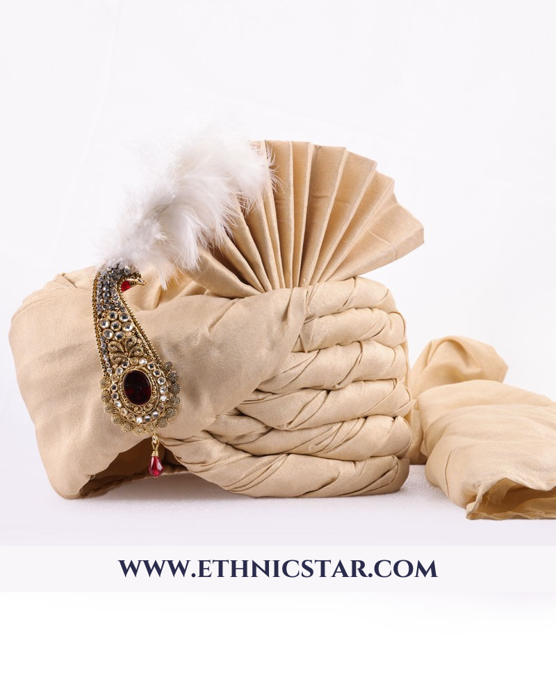 Art Silk Golden Cream Color Safa For Men