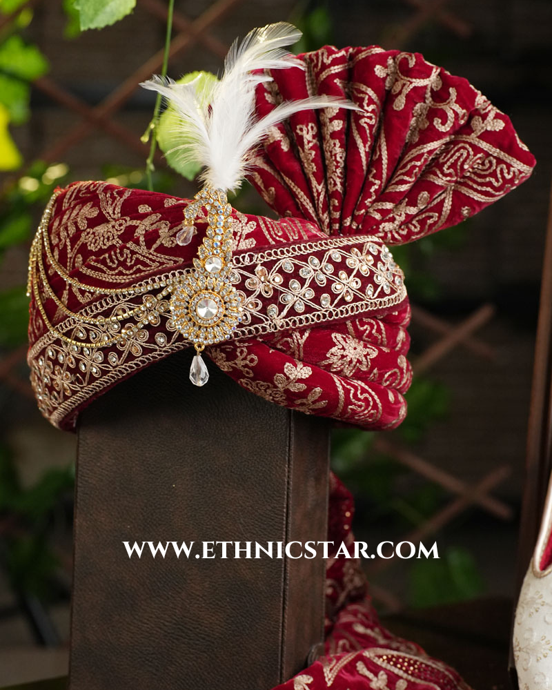 Red Velvet Fabric Embroidered Safa For Wedding