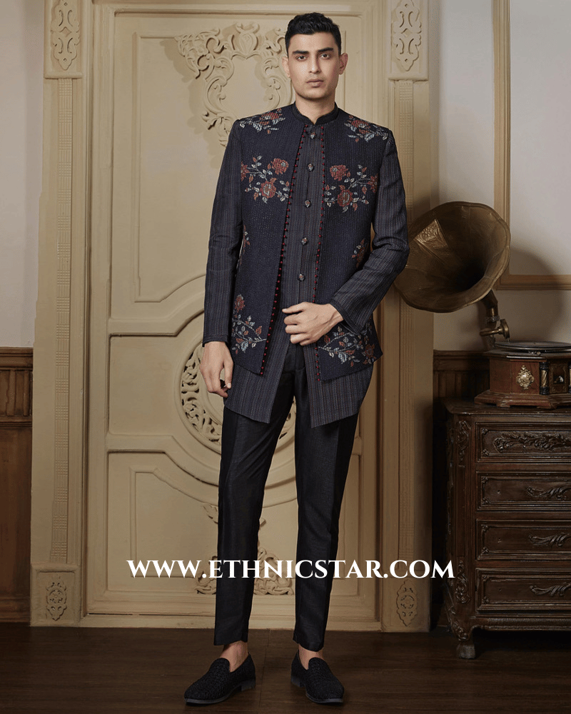 Black Silk Thread Embroidered Indowestern Fusion Jacket Set