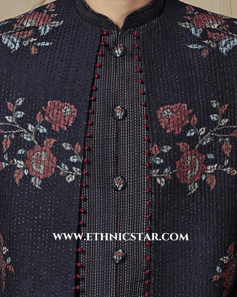 Black Silk Thread Embroidered Indowestern Fusion Jacket Set