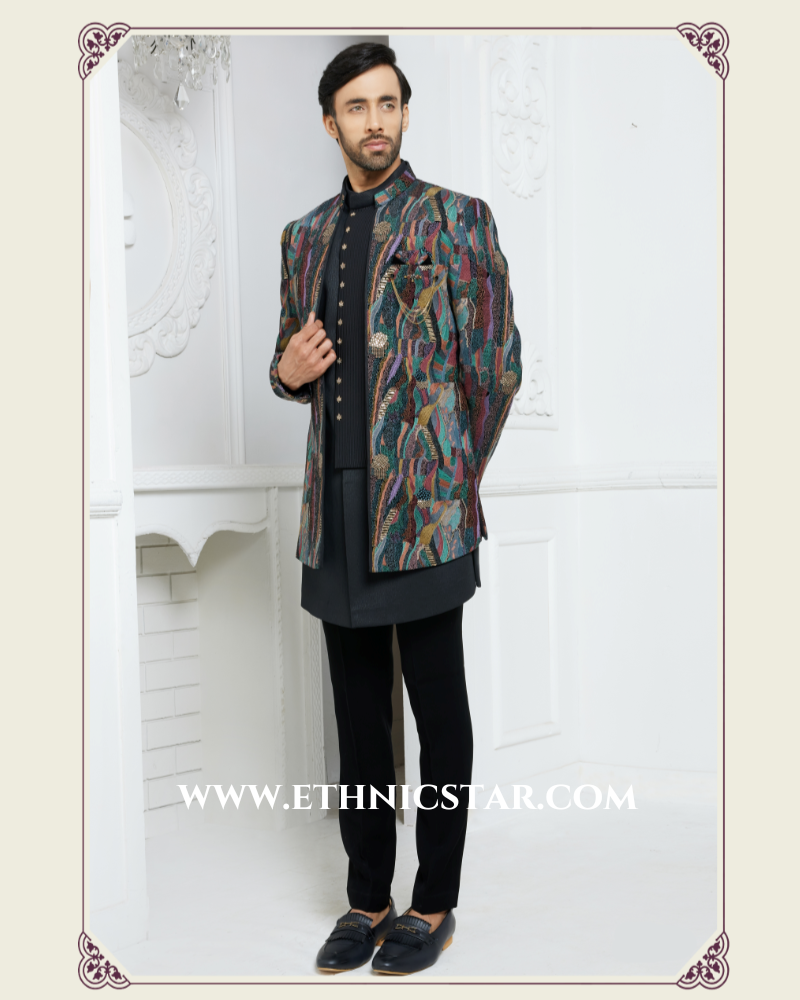 Designer Black Jacket Style Indowestern In Imported