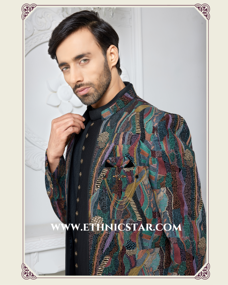 Designer Black Jacket Style Indowestern In Imported