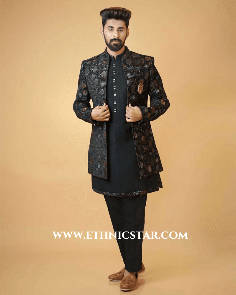 Stylish Rama Green Jacket Style Indowestern Set For Men
