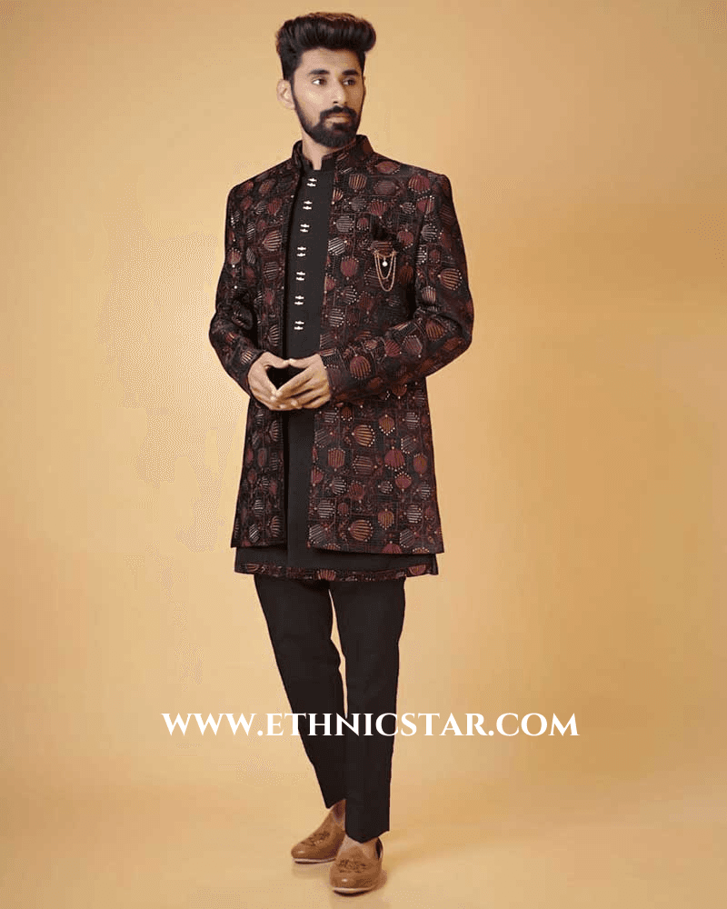 Stylish Wine Jacket Style Indowestern Set For Men