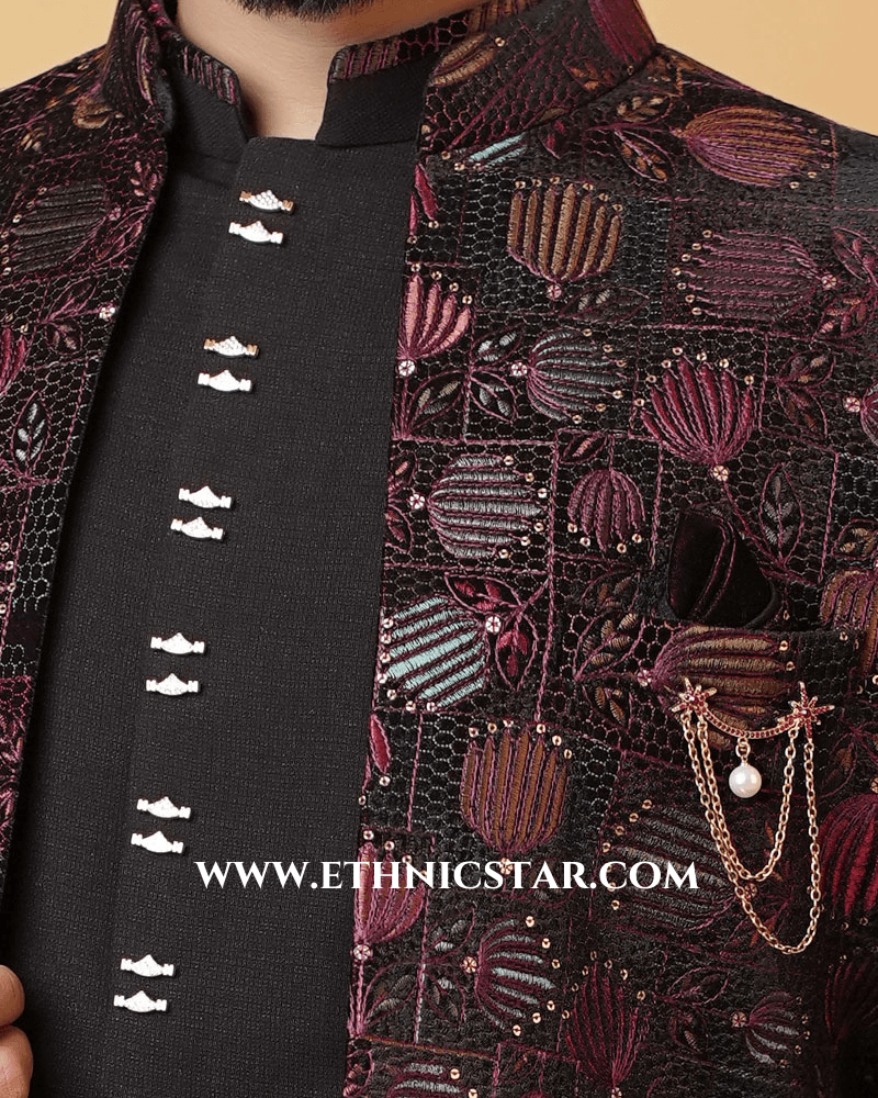 Stylish Wine Jacket Style Indowestern Set For Men