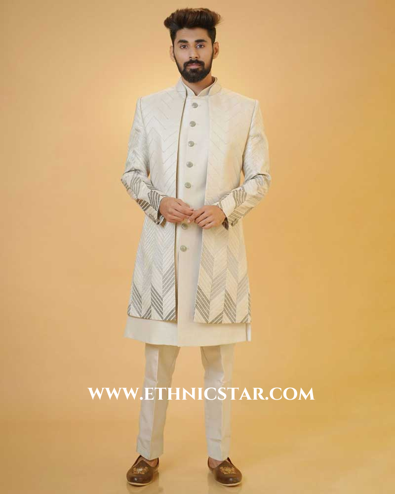 Stylish Grey Jacket Style Indowestern Set For Men