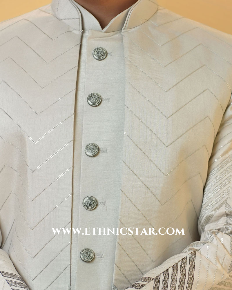 Stylish Grey Jacket Style Indowestern Set For Men