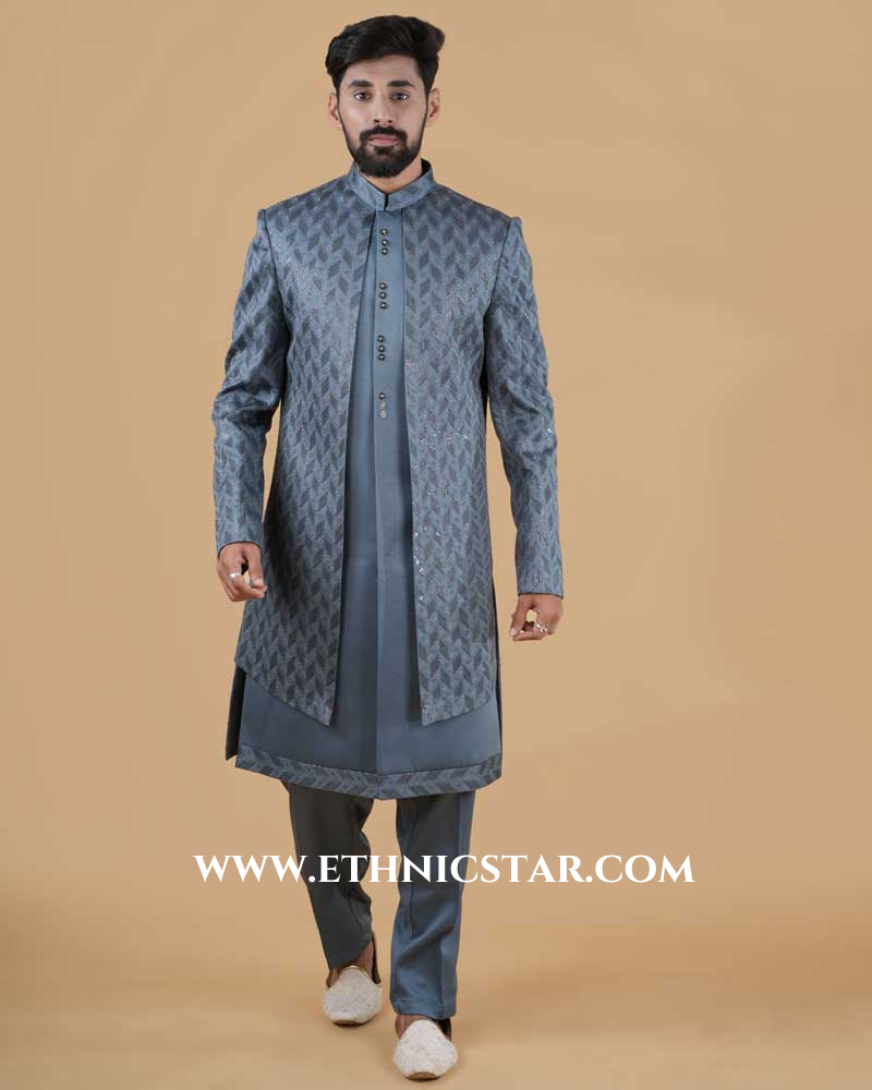 Stunning Grey Sequins Embroidered Indowestern Set