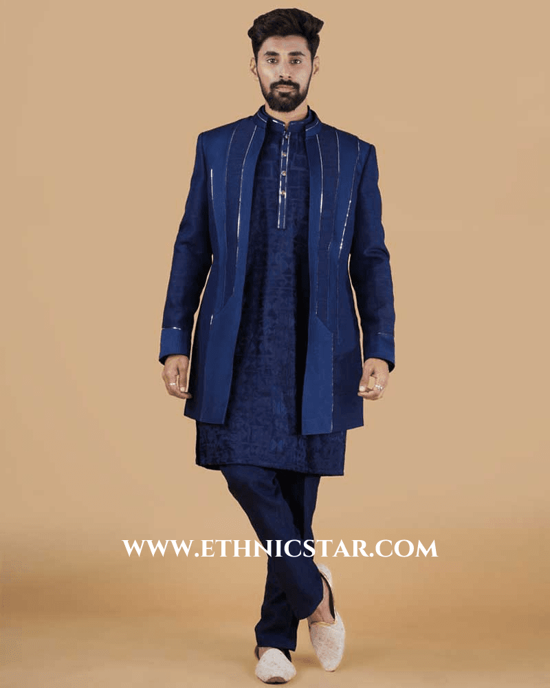 Festive Wear Jacket Style Blue Indowestern Set