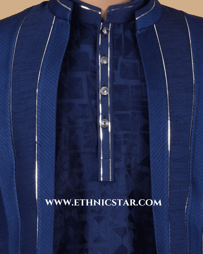 Festive Wear Jacket Style Blue Indowestern Set