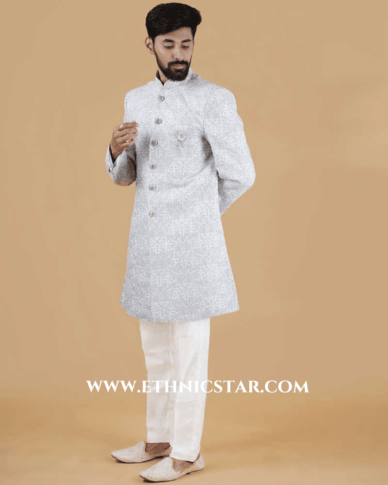 Graceful Light Blue Thread Embroidered Indowestern Set
