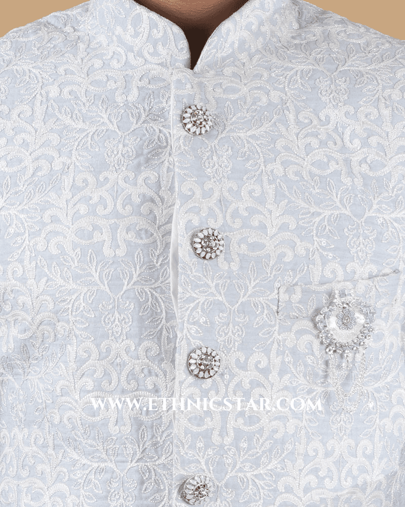Graceful Light Blue Thread Embroidered Indowestern Set