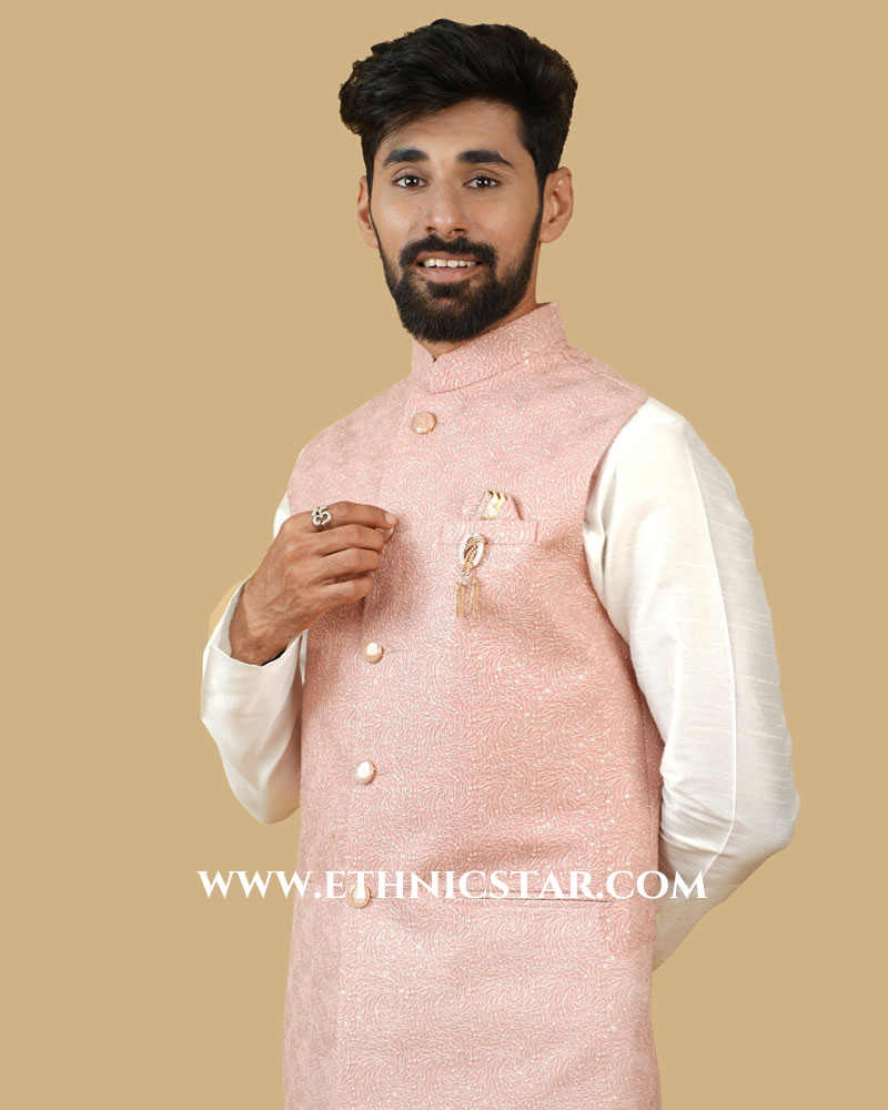 Silk Fabric Pink Nehru Jacket For Wedding