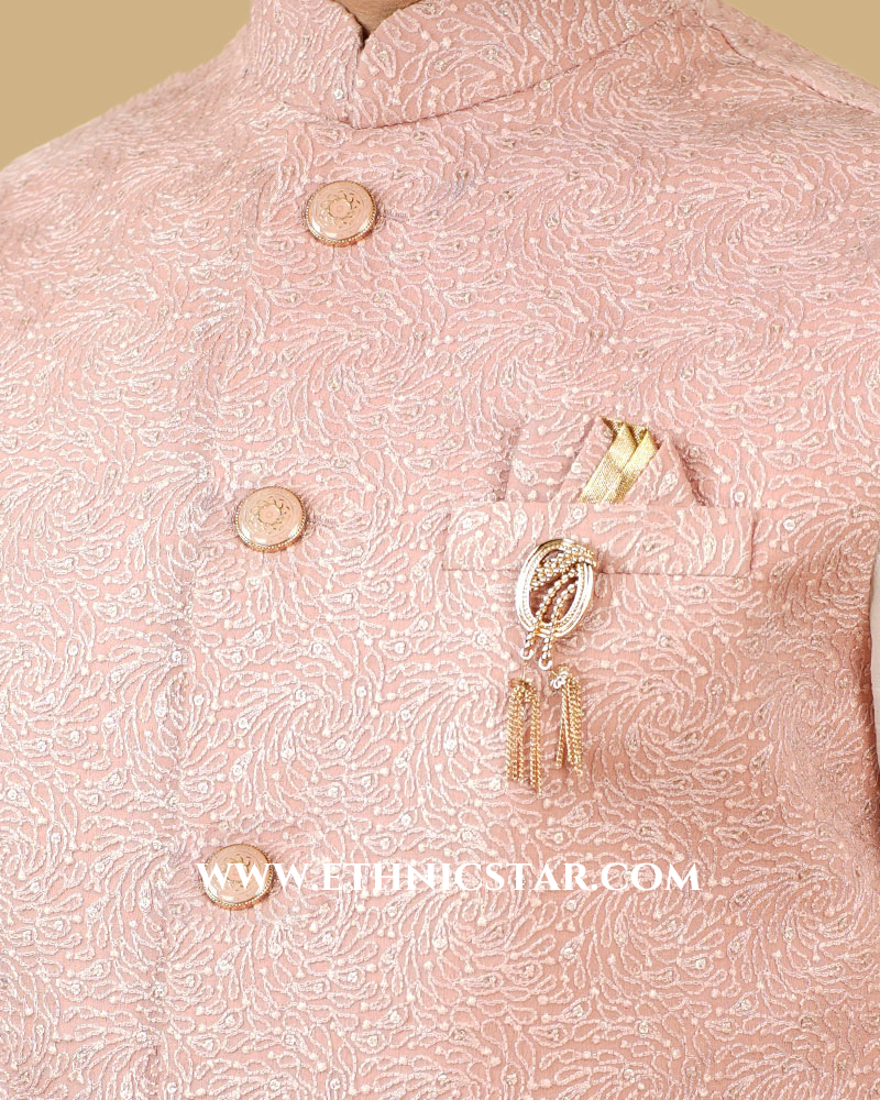 Silk Fabric Pink Nehru Jacket For Wedding