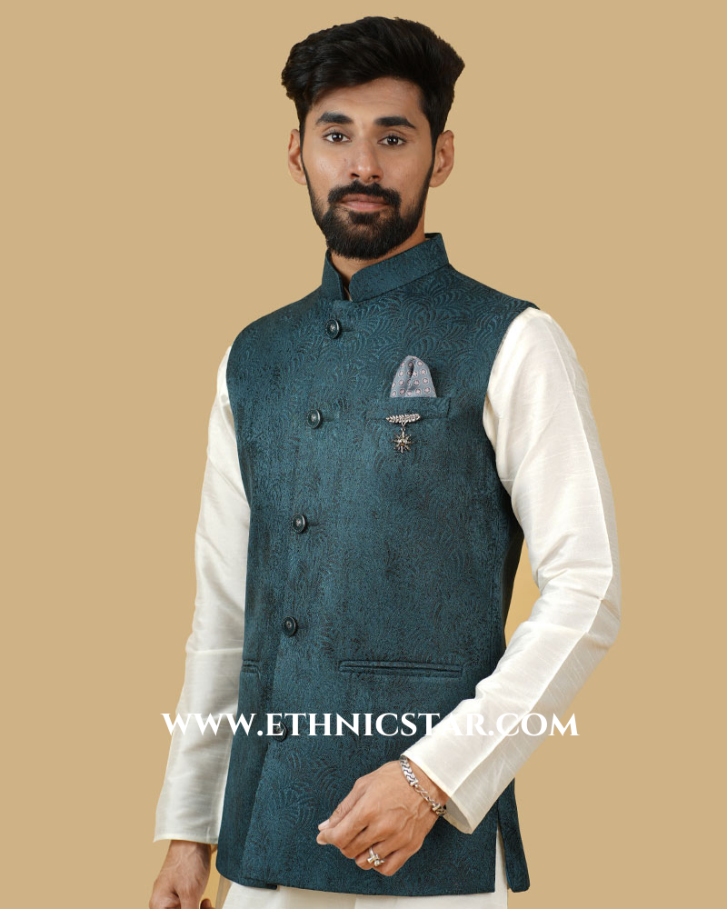 Silk Jacquard Work Nehru Jacket In Rama Green