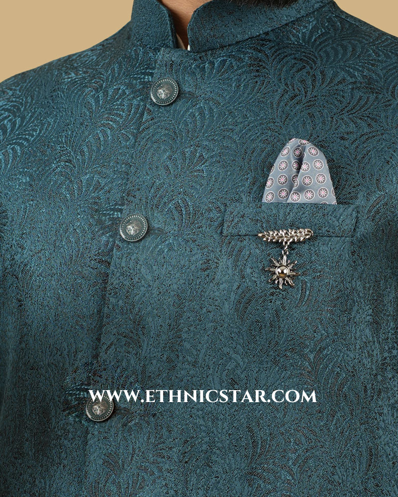 Silk Jacquard Work Nehru Jacket In Rama Green