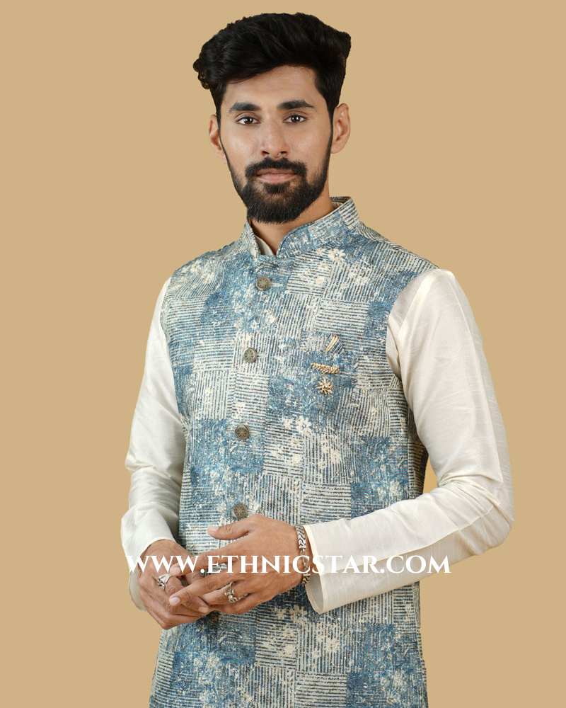 Silk Blue Readymade Nehru Jacket