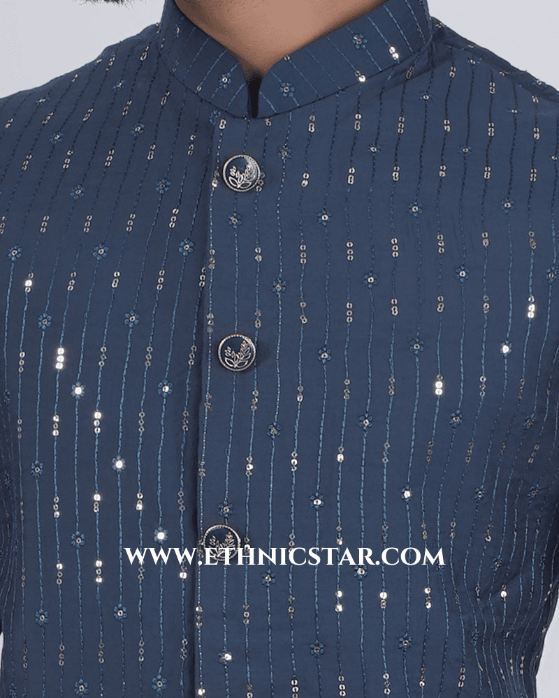 Stylish Peacock Blue Silk Nehru Jacket Set