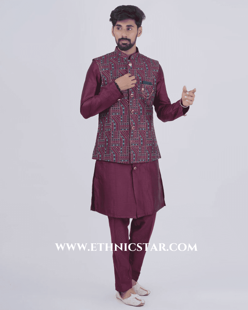 Wine Silk Mens Waistcoat Set For Party