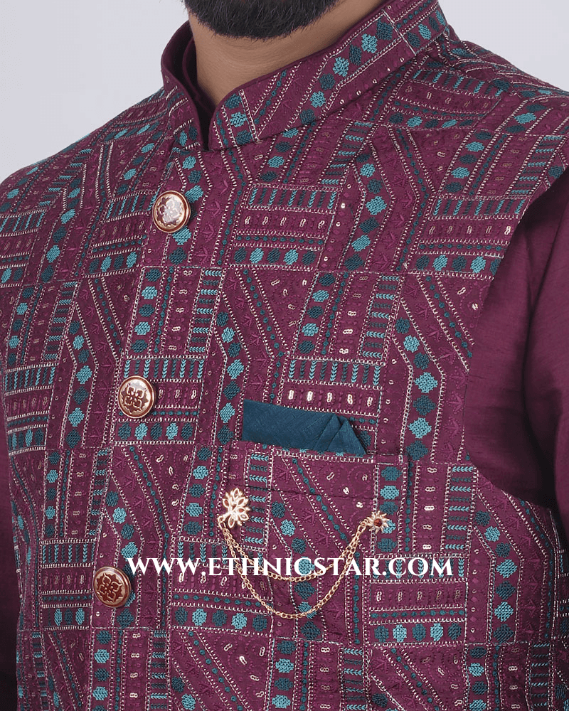 Wine Silk Mens Waistcoat Set For Party