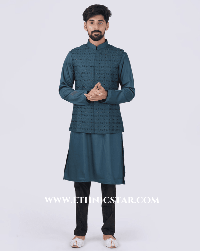 Wedding Wear Peacock Green Nehru Jacket Set
