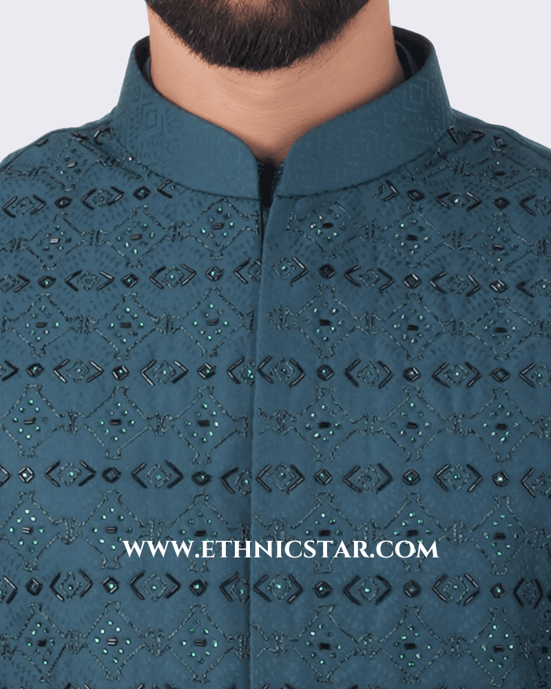Wedding Wear Peacock Green Nehru Jacket Set