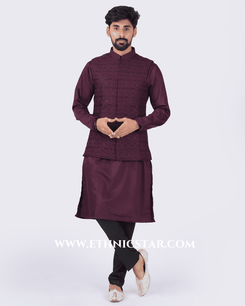 Embroidered Wine Nehru Jacket Set For Wedding
