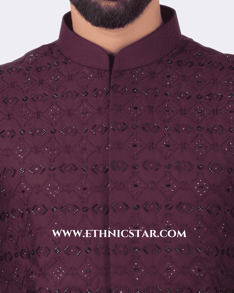 Embroidered Wine Nehru Jacket Set For Wedding