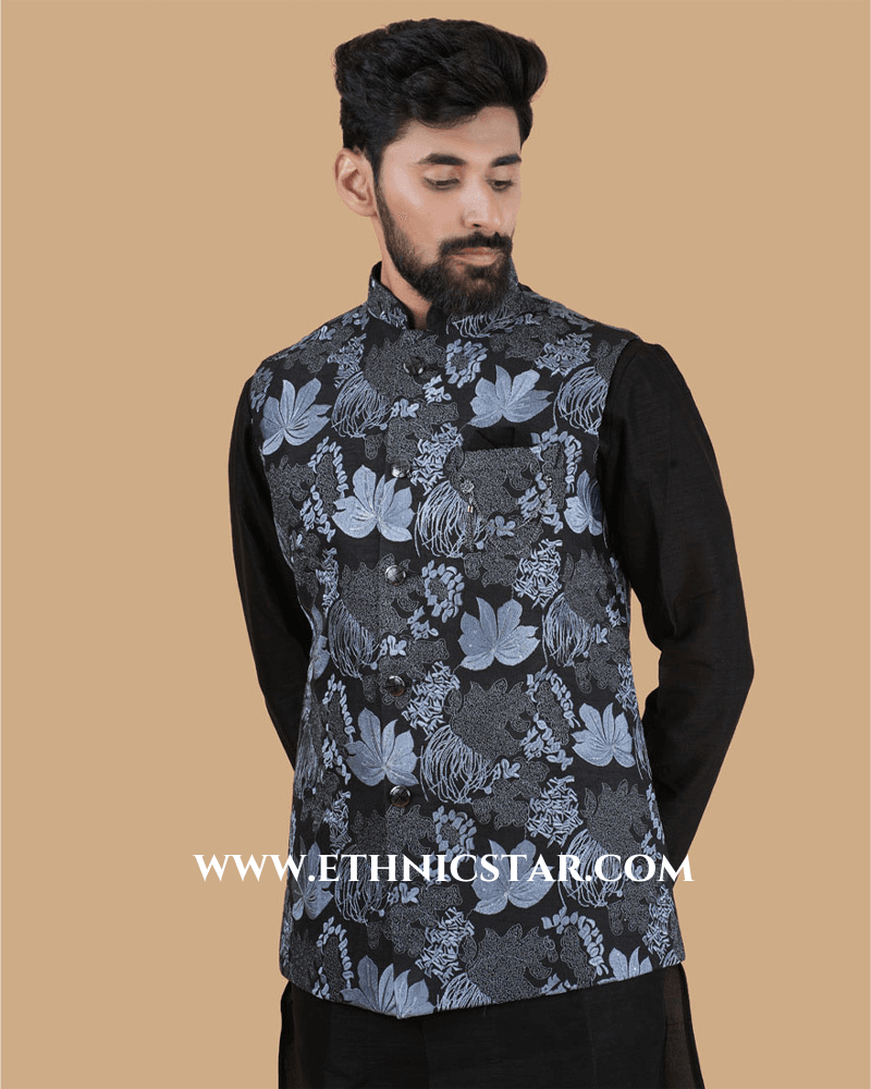 Black Thread Embroidered Nehru Jacket Set In Silk