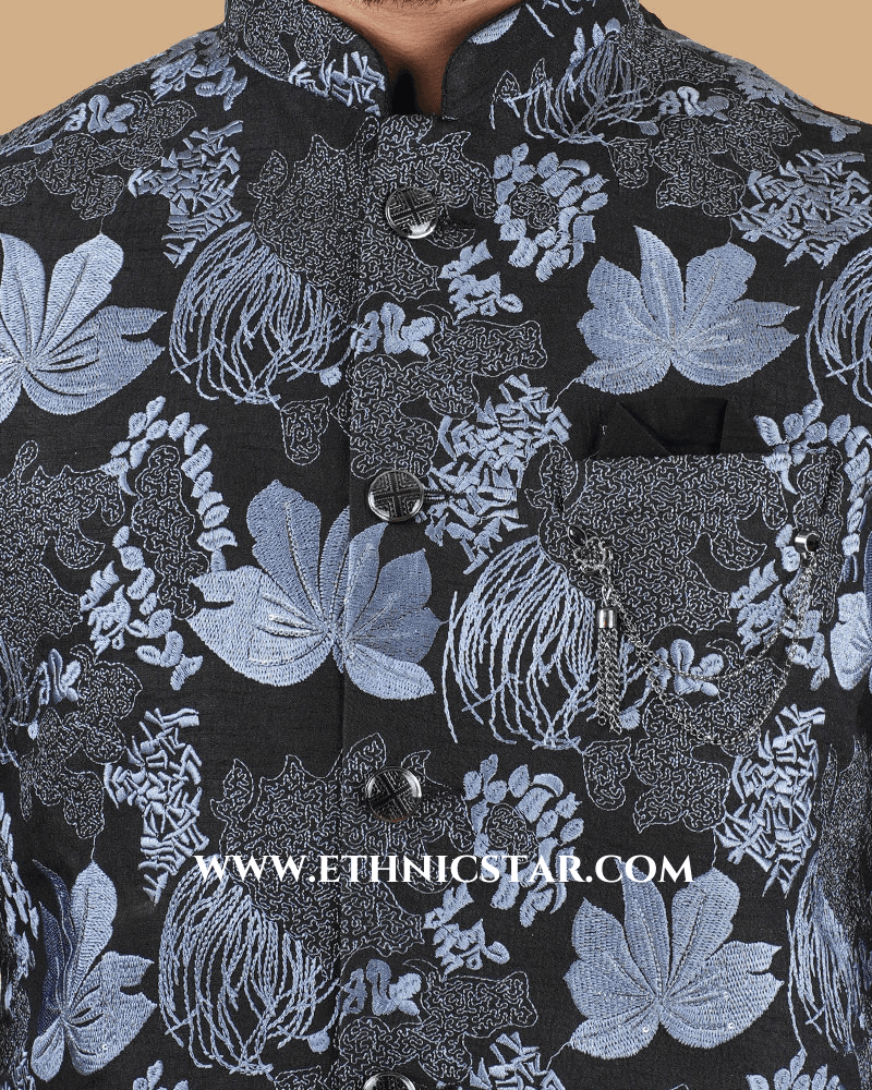 Black Thread Embroidered Nehru Jacket Set In Silk