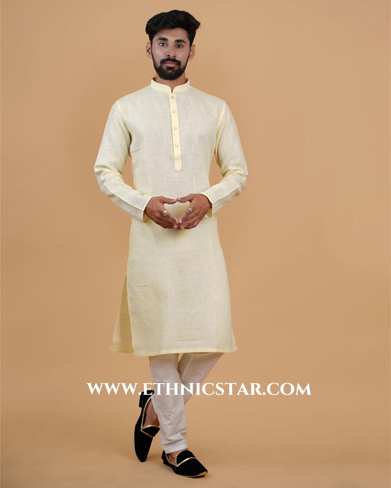 Lemon Yellow Colour Kurta Pajama In Cotton