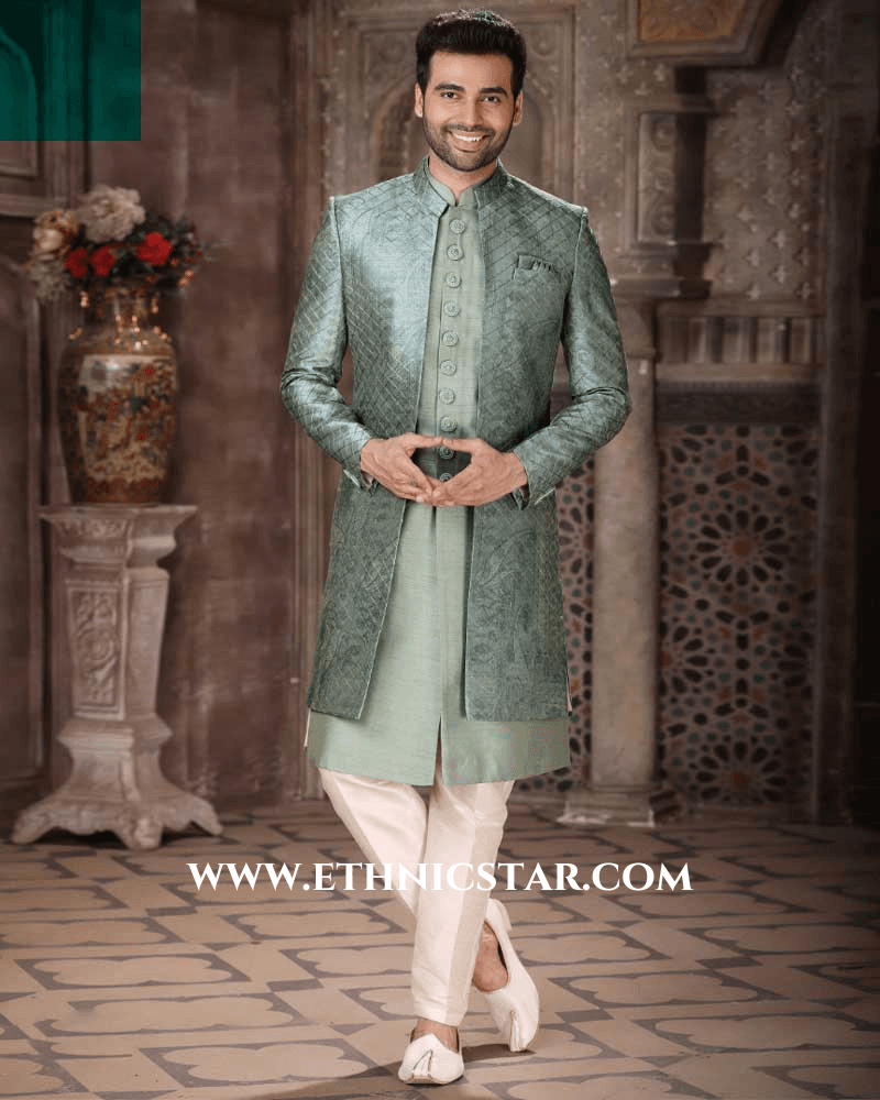 Palace Green Art Silk Jacket Style Indowestern