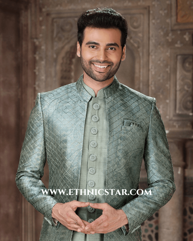 Palace Green Art Silk Jacket Style Indowestern