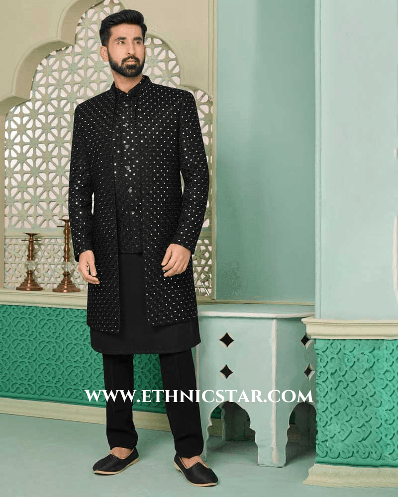 Black Embroidered Indowestern Set In Silk