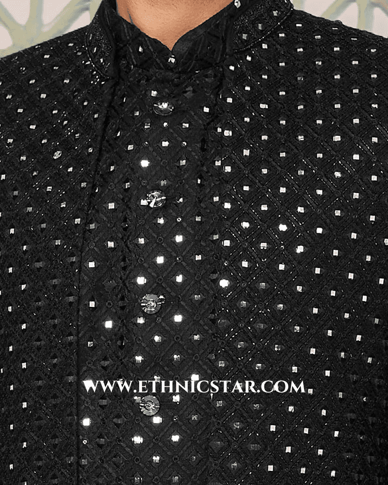 Black Embroidered Indowestern Set In Silk
