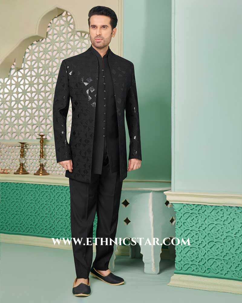Dashing Black Silk Jacket Style Indowestern For Men