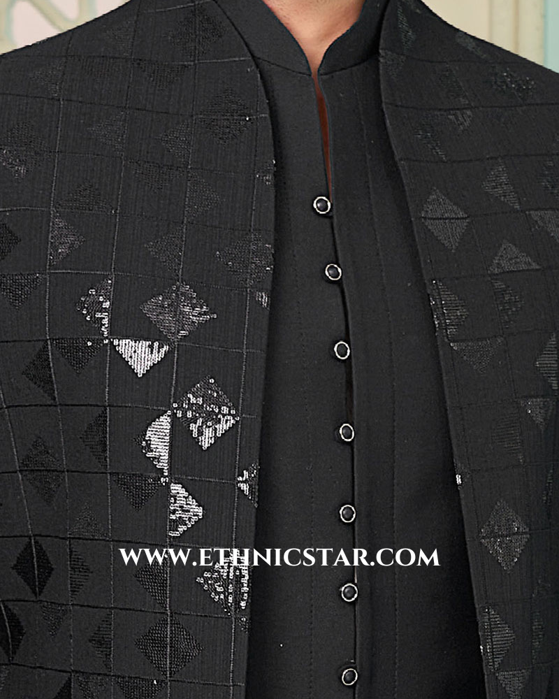 Dashing Black Silk Jacket Style Indowestern For Men